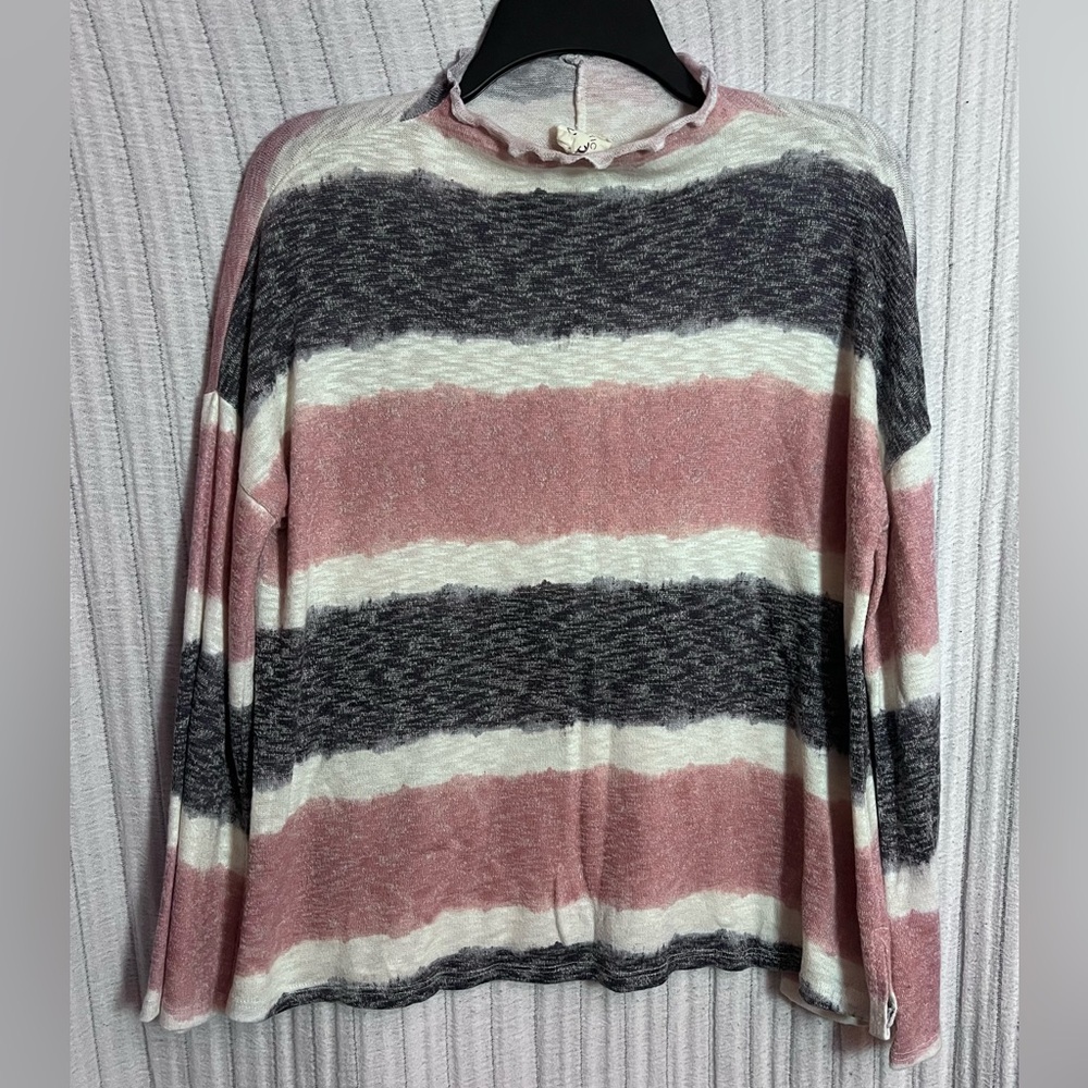 Fantastic Fawn Pink, Charcoal & White Striped Mock Neck Knit Sweater